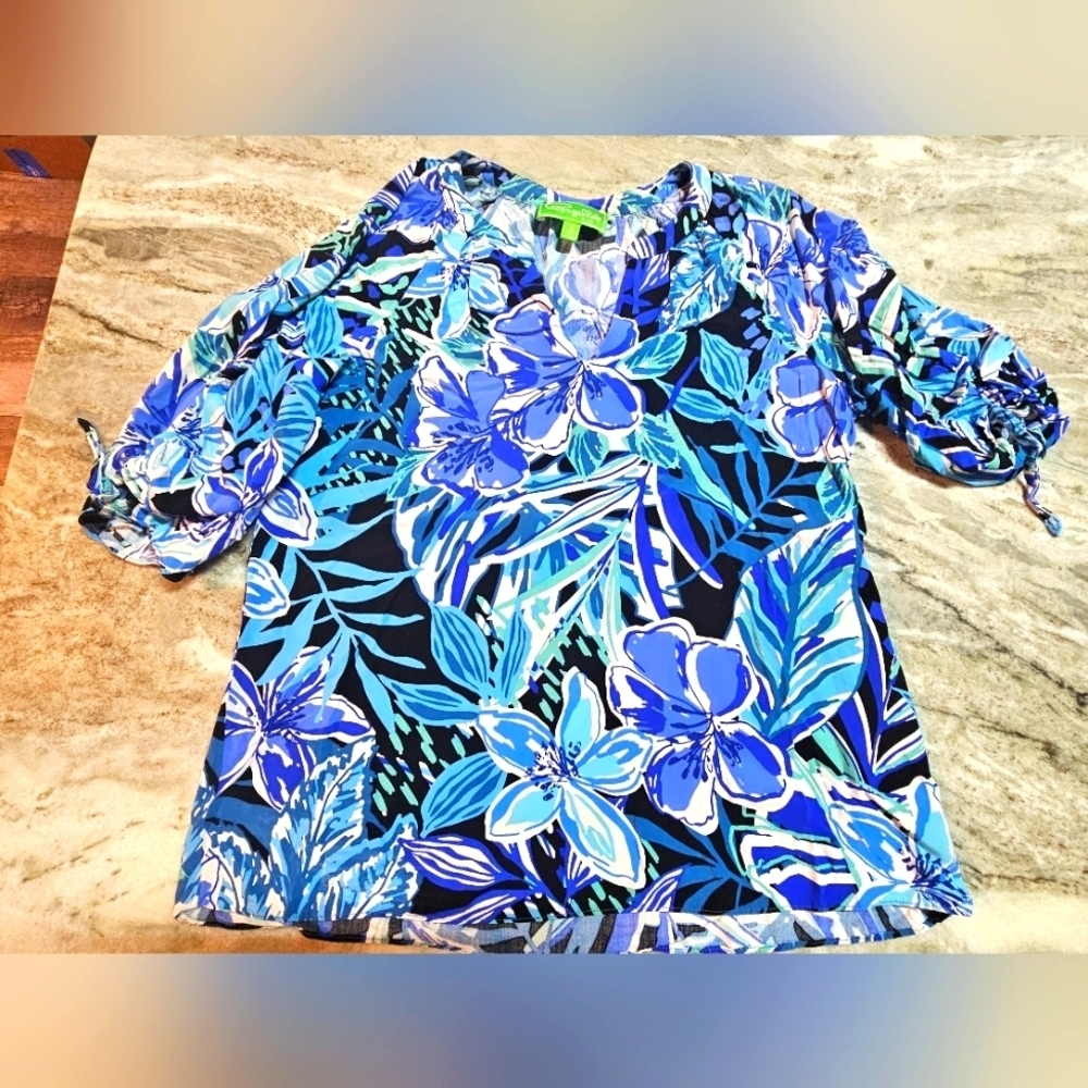 Cappagallo Women’s Tropical Floral Blouse S Blue Black Island Resort Top